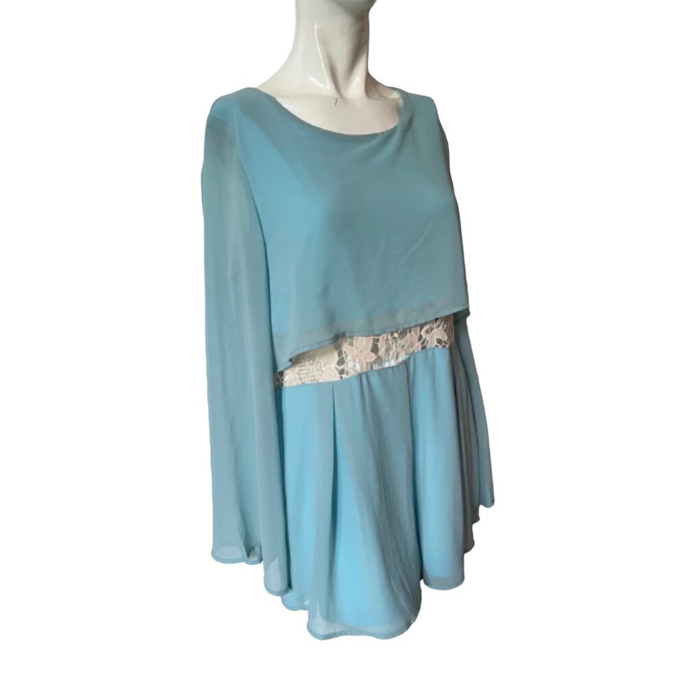 Altar'd State Chiffon and Lace Shorts Romper Sz L Womens Light Blue Long Sleeve